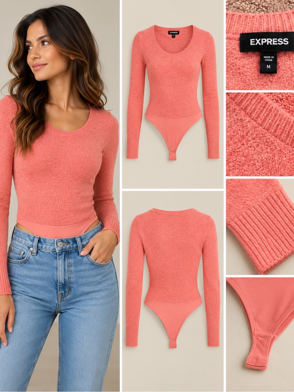 Express Coral Pink Long-Sleeve Knit Bodysuit